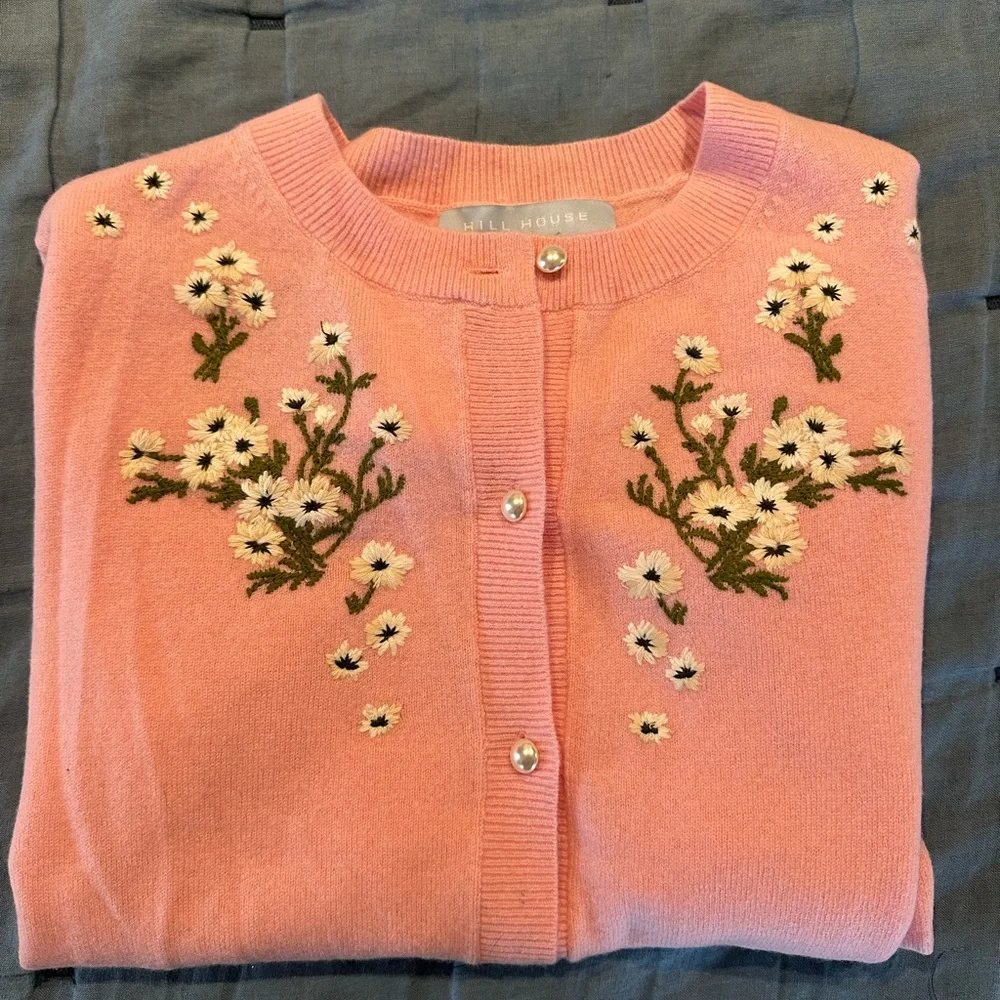 NWT Hill House Audrey Cardigan, Pink Floral Embroidered Sweater - Picture 1 of 6